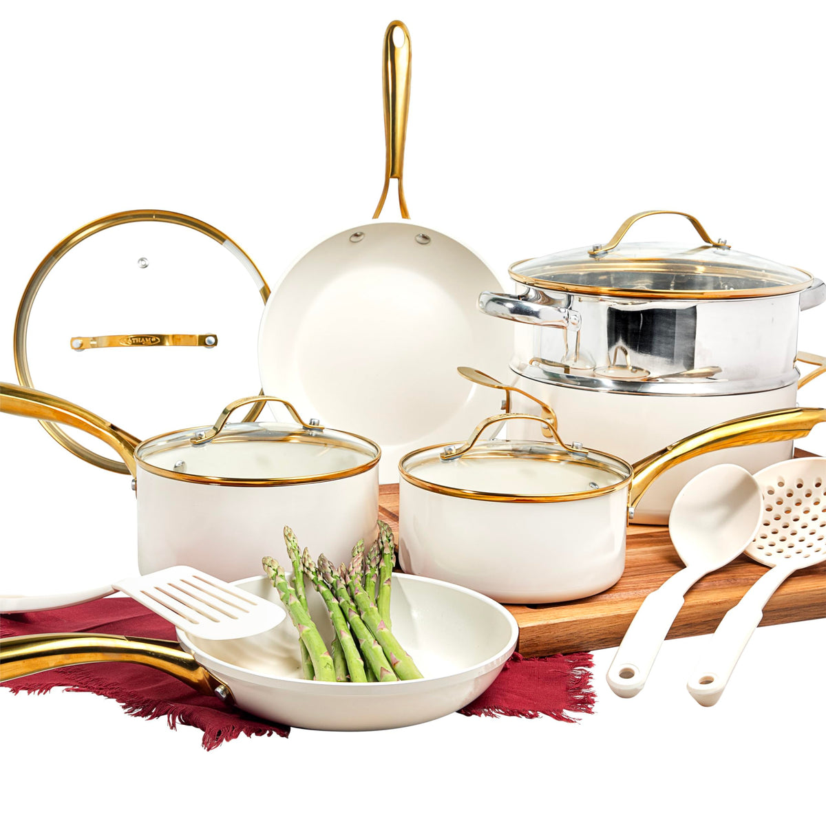 Gotham Steel 15pc ceramic cookware set on stove highlights complete family-friendly collection.