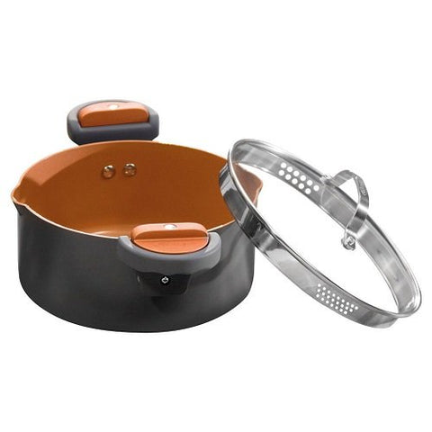 Gotham Steel stock pot includes two strain sizes for precise draining.