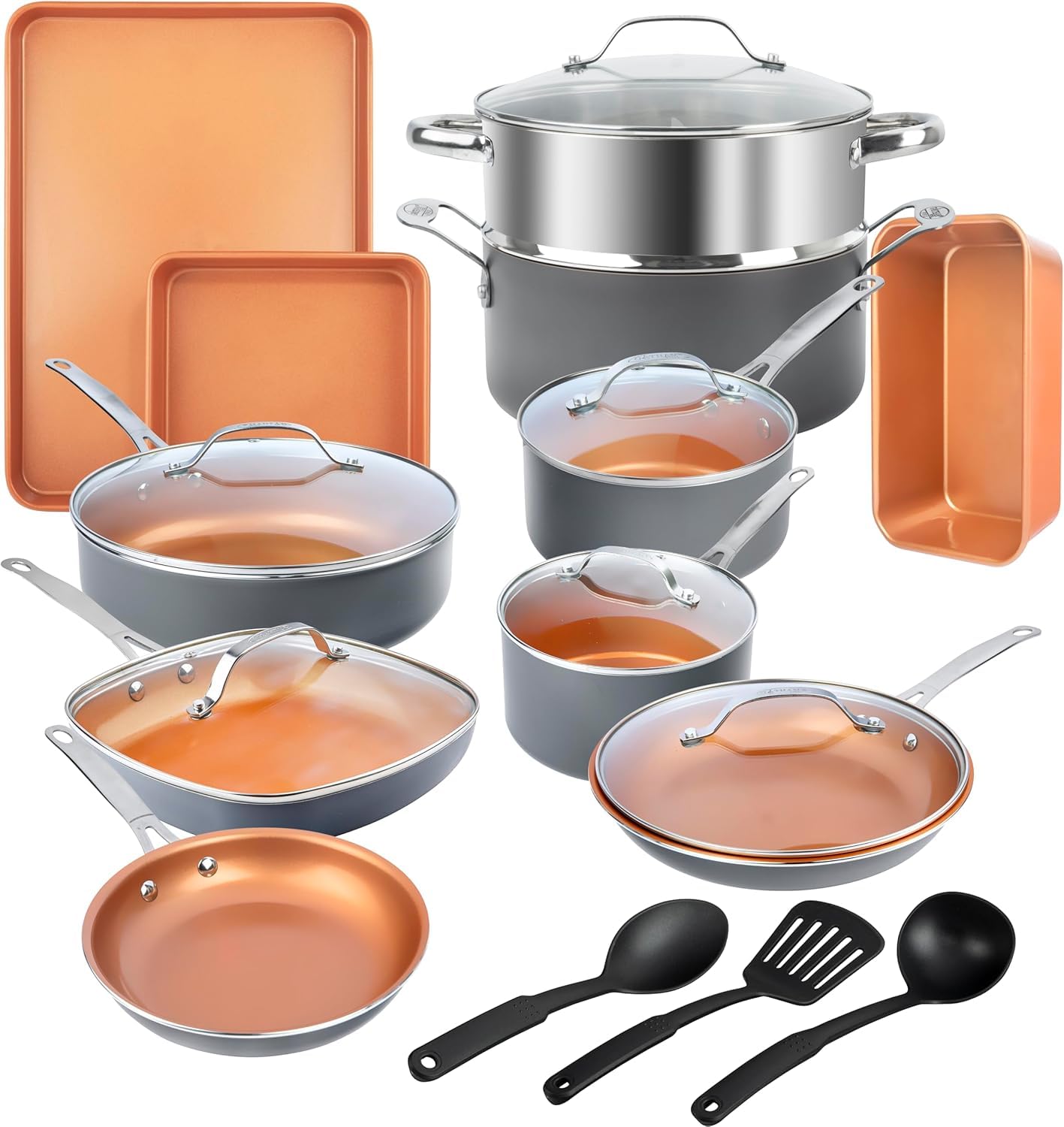 Gotham Steel 20-piece ceramic cookware set with copper exterior for easy food release