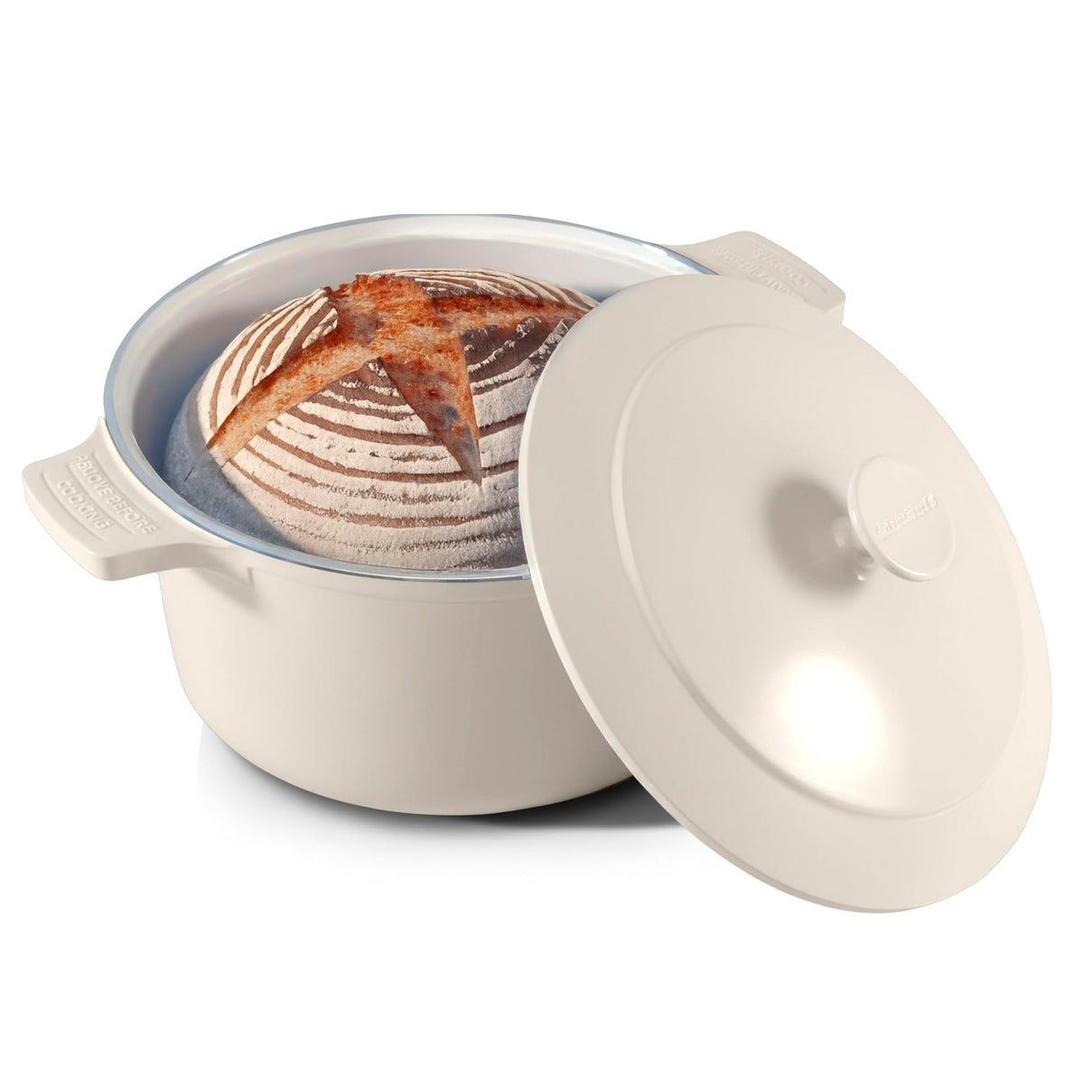 Gotham Steel 5 Qt Dutch Oven with lid in cream showing even heat distribution.