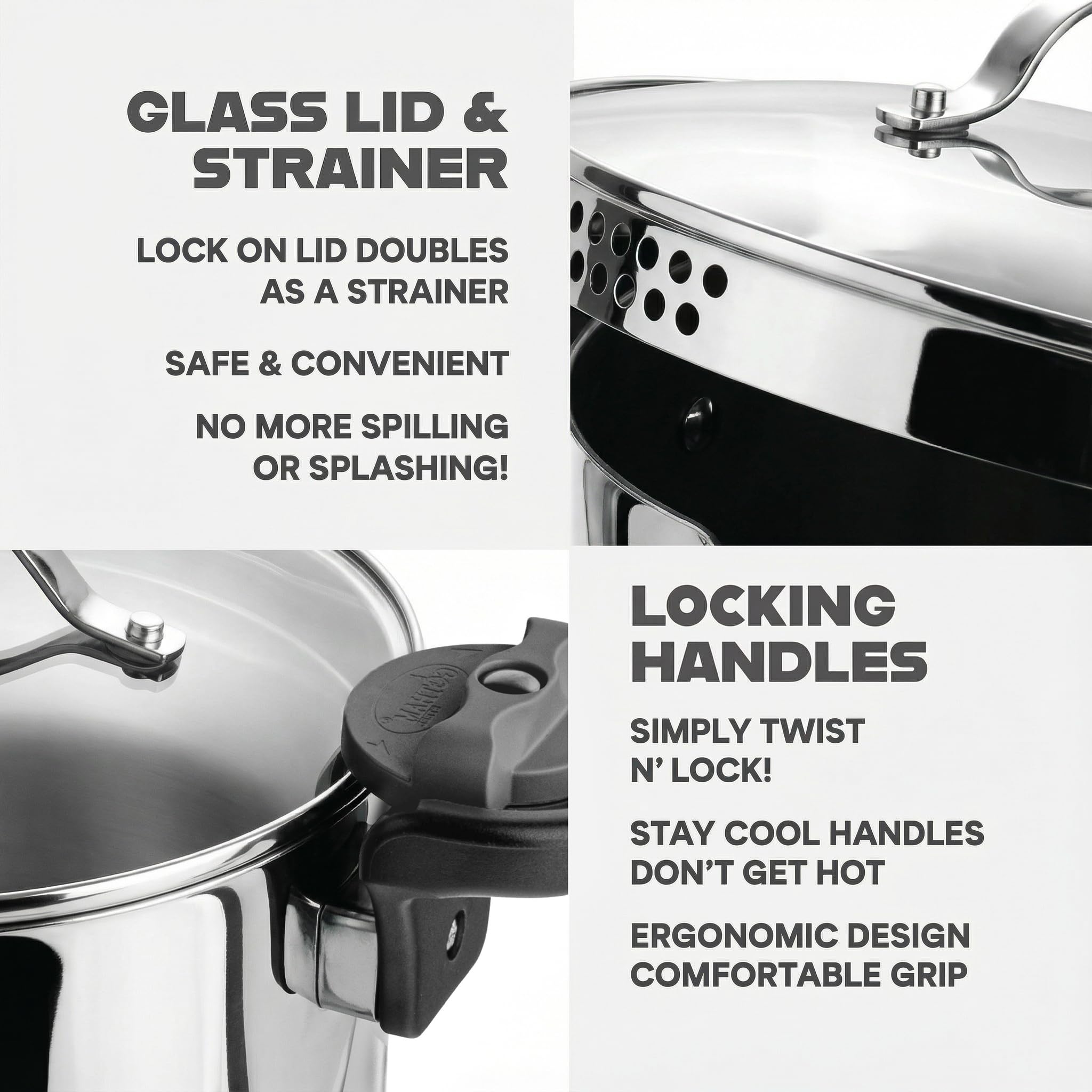 Gotham Steel 5 Qt stock pot demonstrates easy draining with built-in strainer