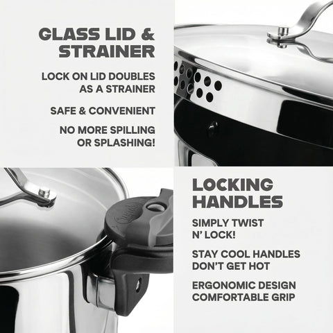 Gotham Steel 5 Qt stock pot demonstrates easy draining with built-in strainer