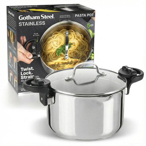 Gotham Steel 5 Qt stock pot tolerates metal utensils for long-lasting use