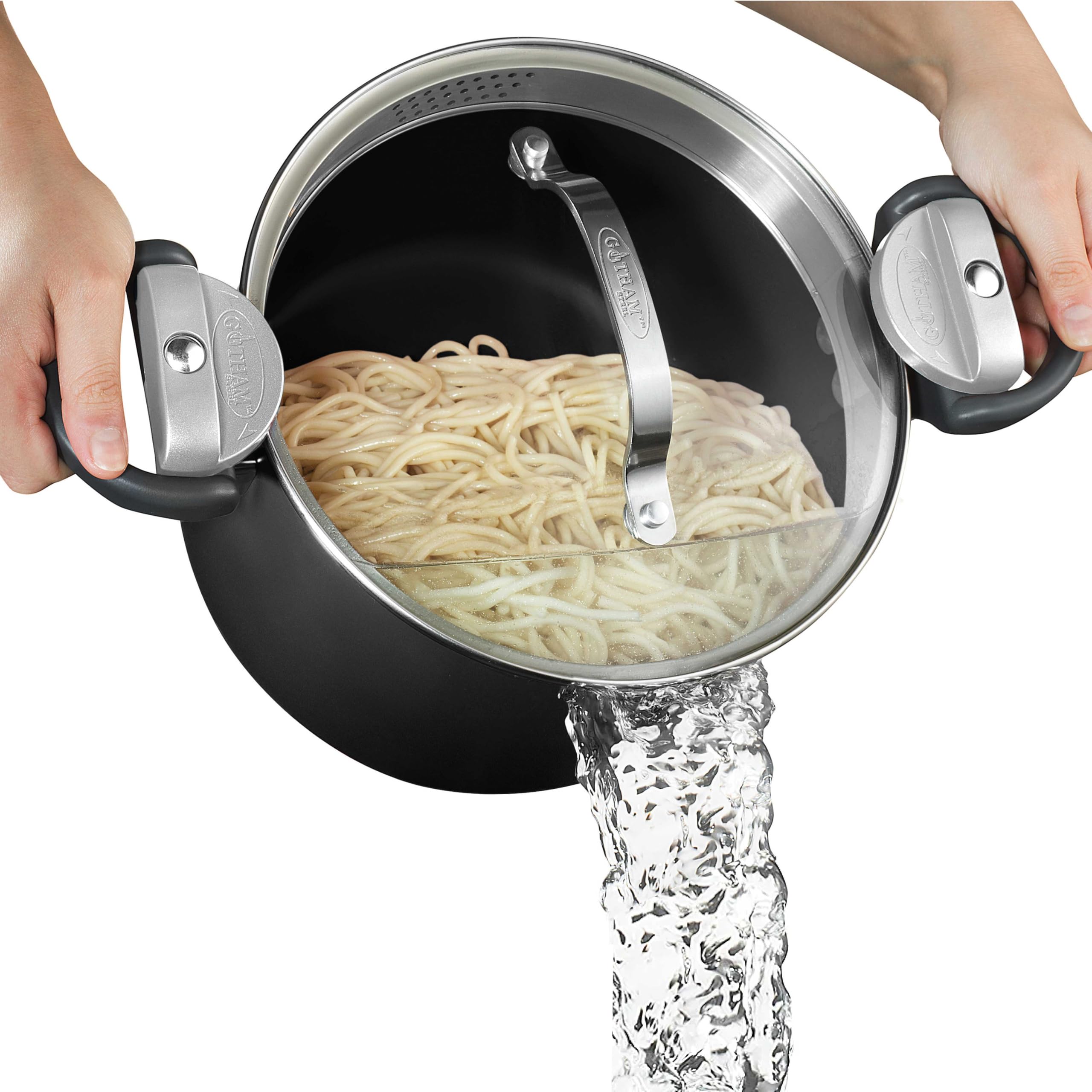 Gotham Steel 5 Qt stock pot with strainer lid ready to drain pasta easily