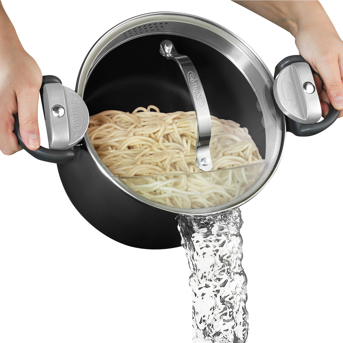 Gotham Steel 5 Qt stock pot with strainer lid ready to drain pasta easily