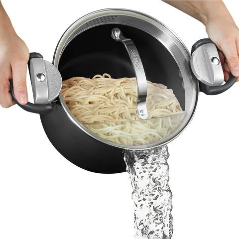 Gotham Steel 5 Qt stock pot with strainer lid ready to drain pasta easily