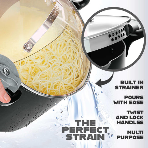 Gotham Steel stock pot showing twist and lock handles for safe handling