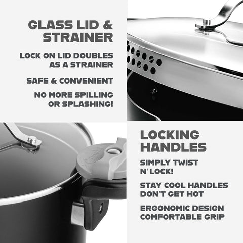 Gotham Steel stock pot highlighting ultra nonstick coating for easy release