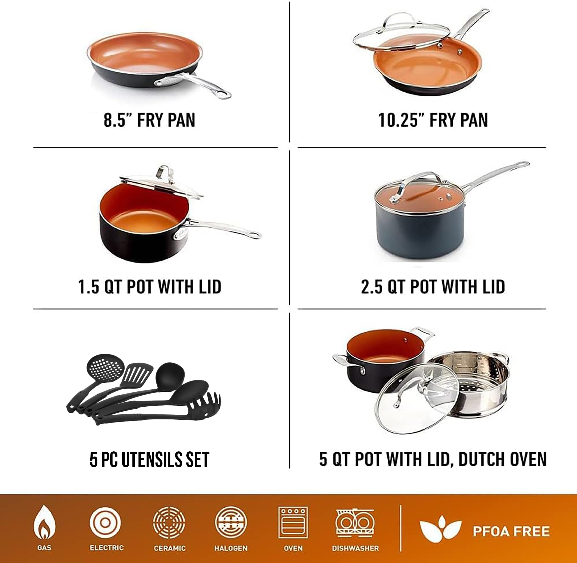 Gotham Steel ceramic set with lids on for versatile stovetop to oven use.