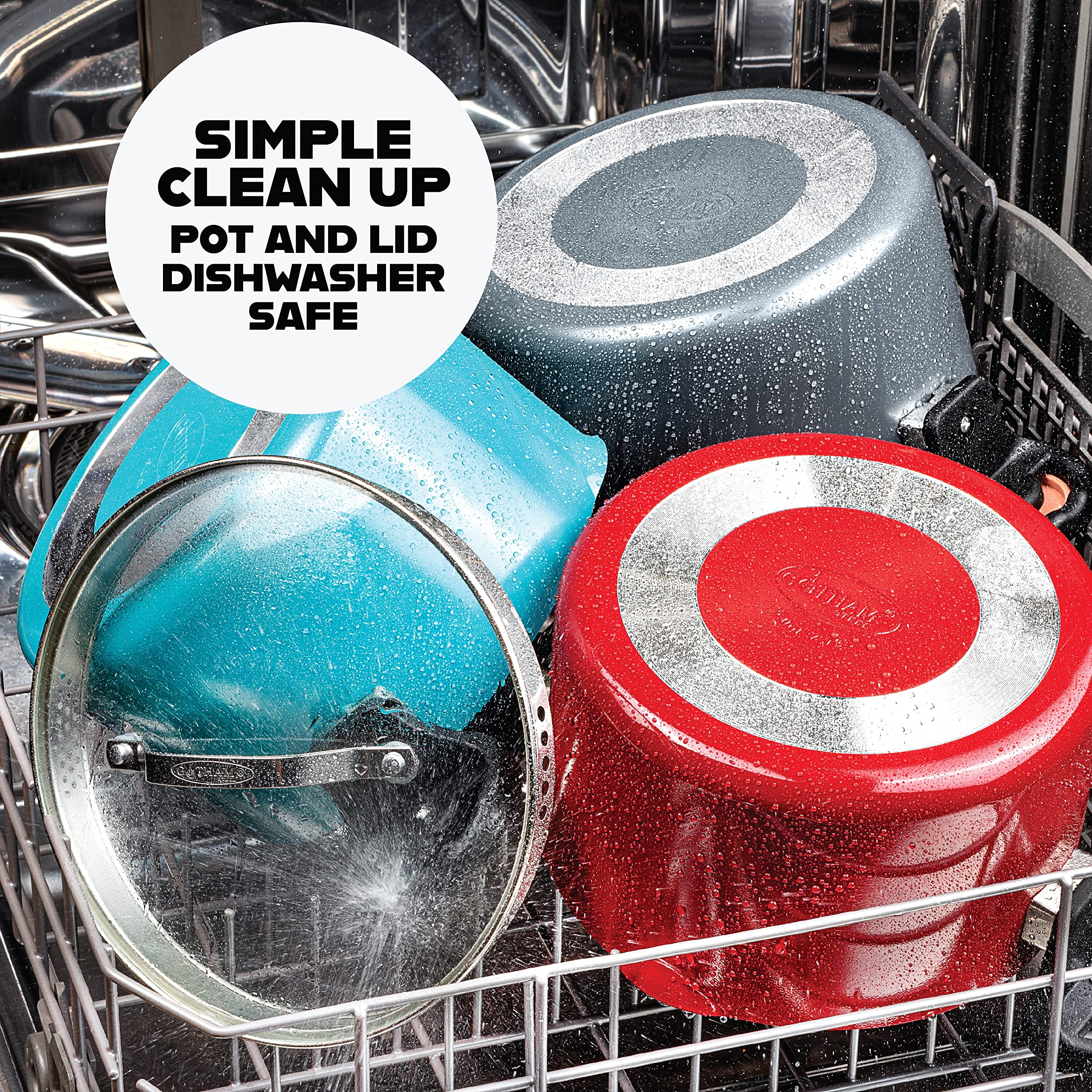 Gotham Steel stock pot is dishwasher safe for quick cleanup.