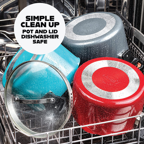 Gotham Steel stock pot is dishwasher safe for quick cleanup.