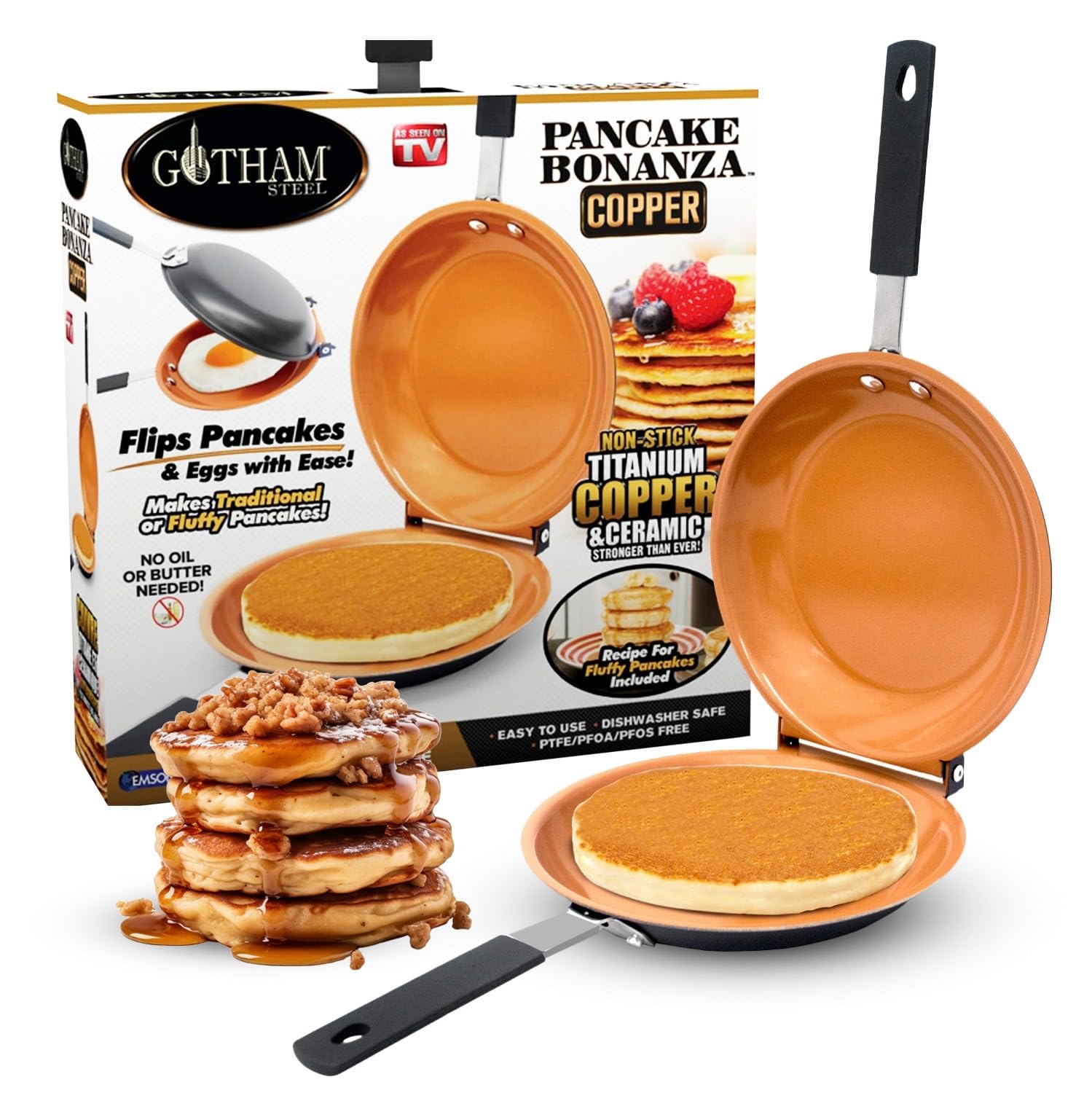 Gotham Steel double-sided pan flip for effortless pancake flipping.