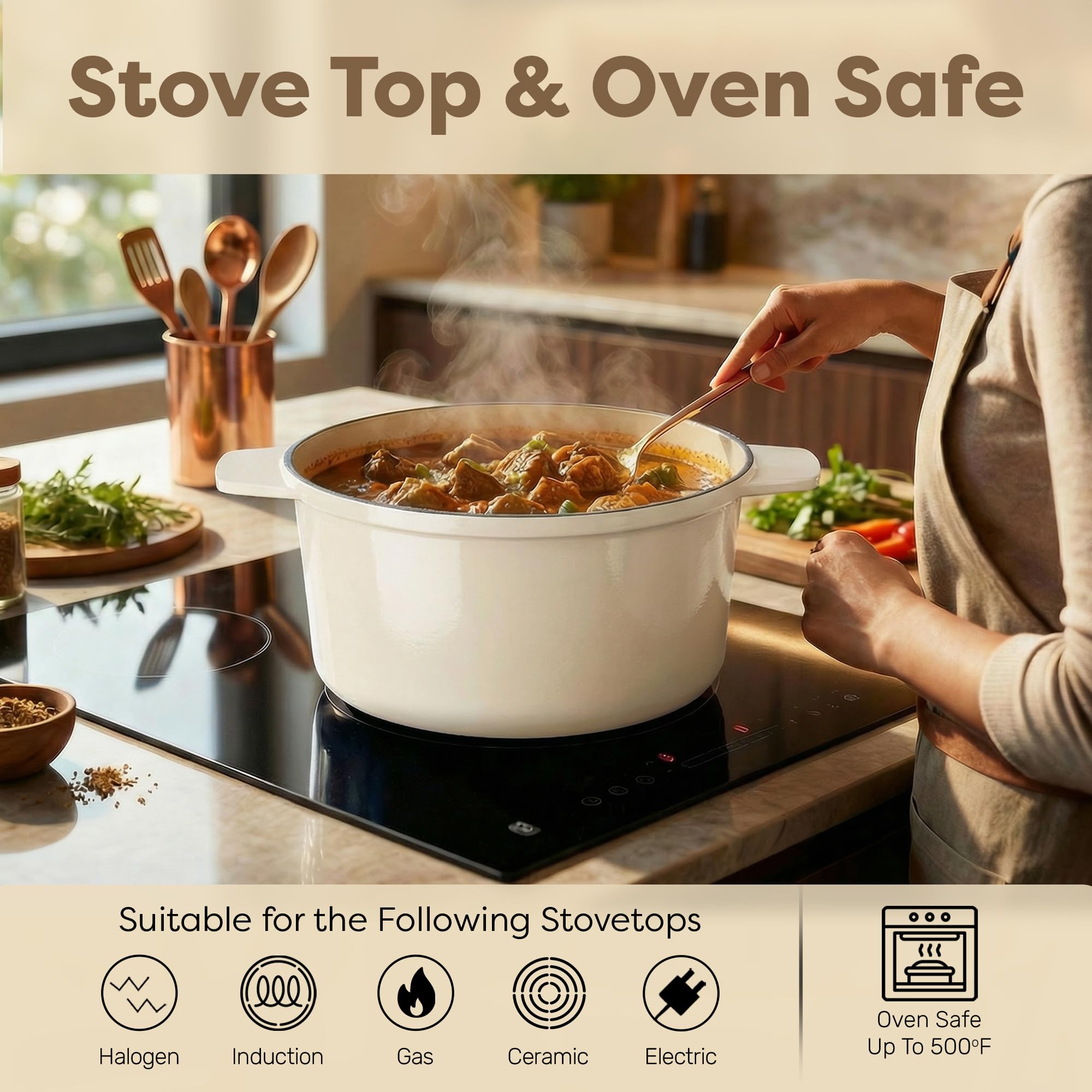 Gotham Steel Dutch oven is stove top and oven safe across surfaces.