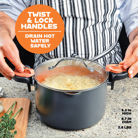 Gotham Steel stock pot featuring even heating from a single aluminum base.