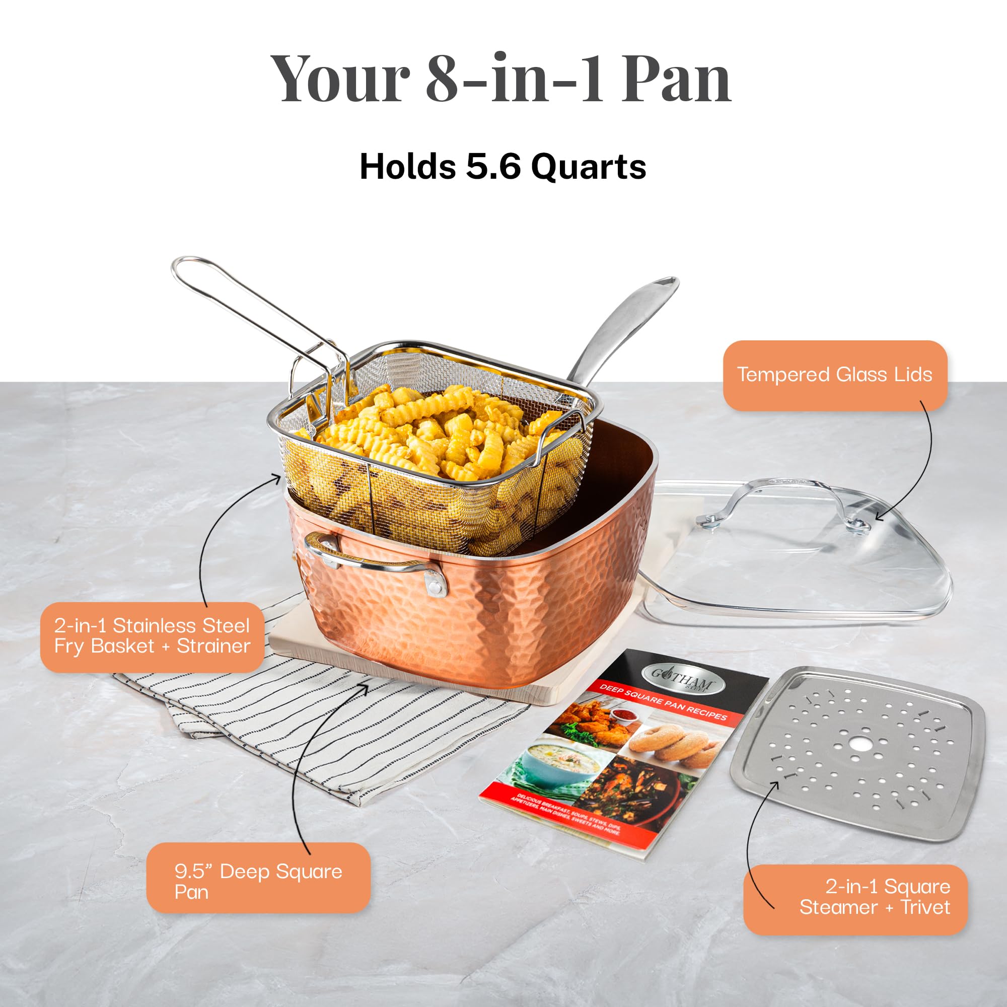 Gotham Steel frying basket resting inside the pan for quick frying tasks.