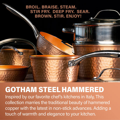 Gotham Steel Hammered 10-inch skillet in action for even heat.