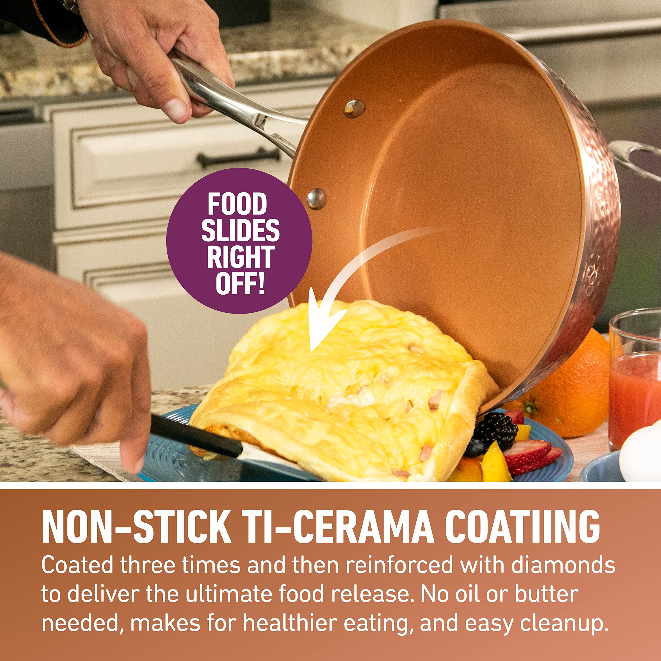 Gotham Steel Hammered 12-inch pan surface detail highlights copper-infused nonstick.