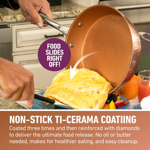 Gotham Steel Hammered 12-inch pan surface detail highlights copper-infused nonstick.