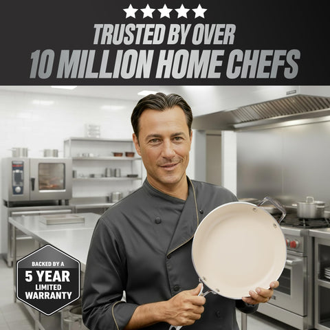 Gotham Steel hammered 14-inch pan, dishwasher-safe for quick cleanup.