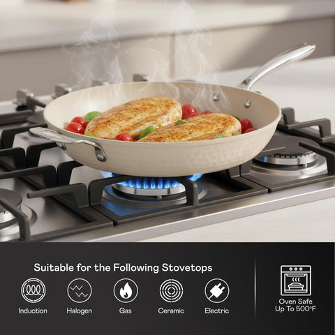 Gotham Steel hammered 14-inch pan delivers even heat.