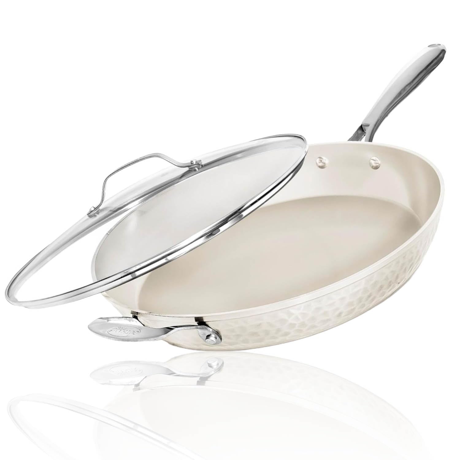 Gotham Steel hammered 14-inch pan with lid, ideal for easy family meals.