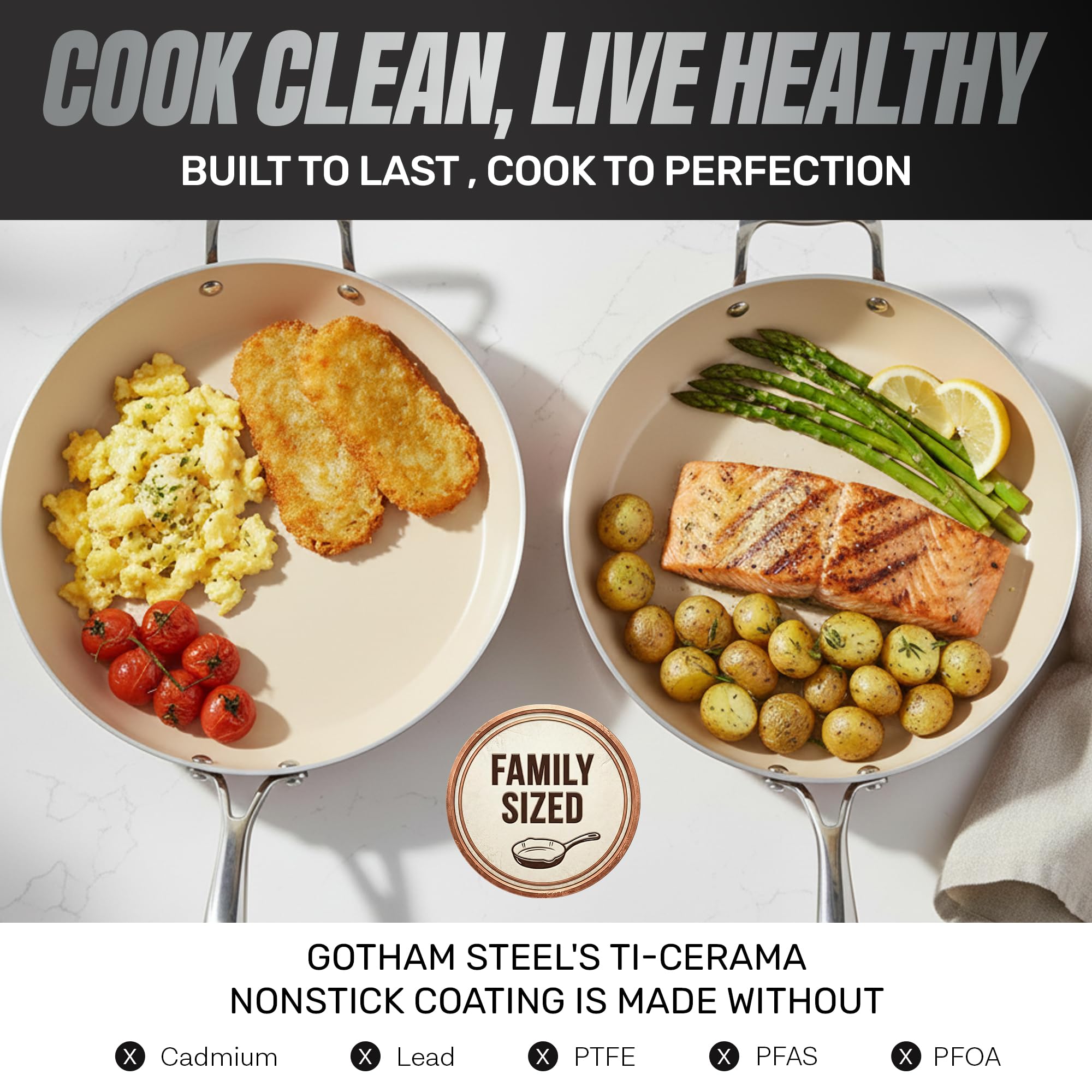 Gotham Steel hammered 14-inch pan with ceramic nonstick surface for release.