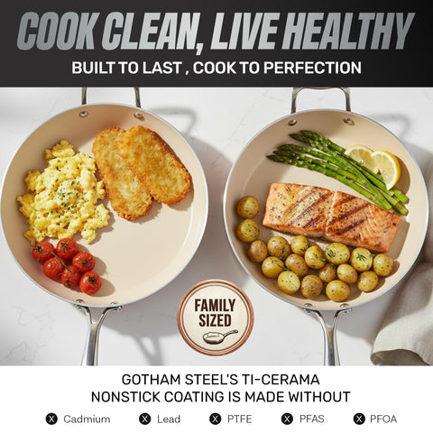 Gotham Steel hammered 14-inch pan with ceramic nonstick surface for release.