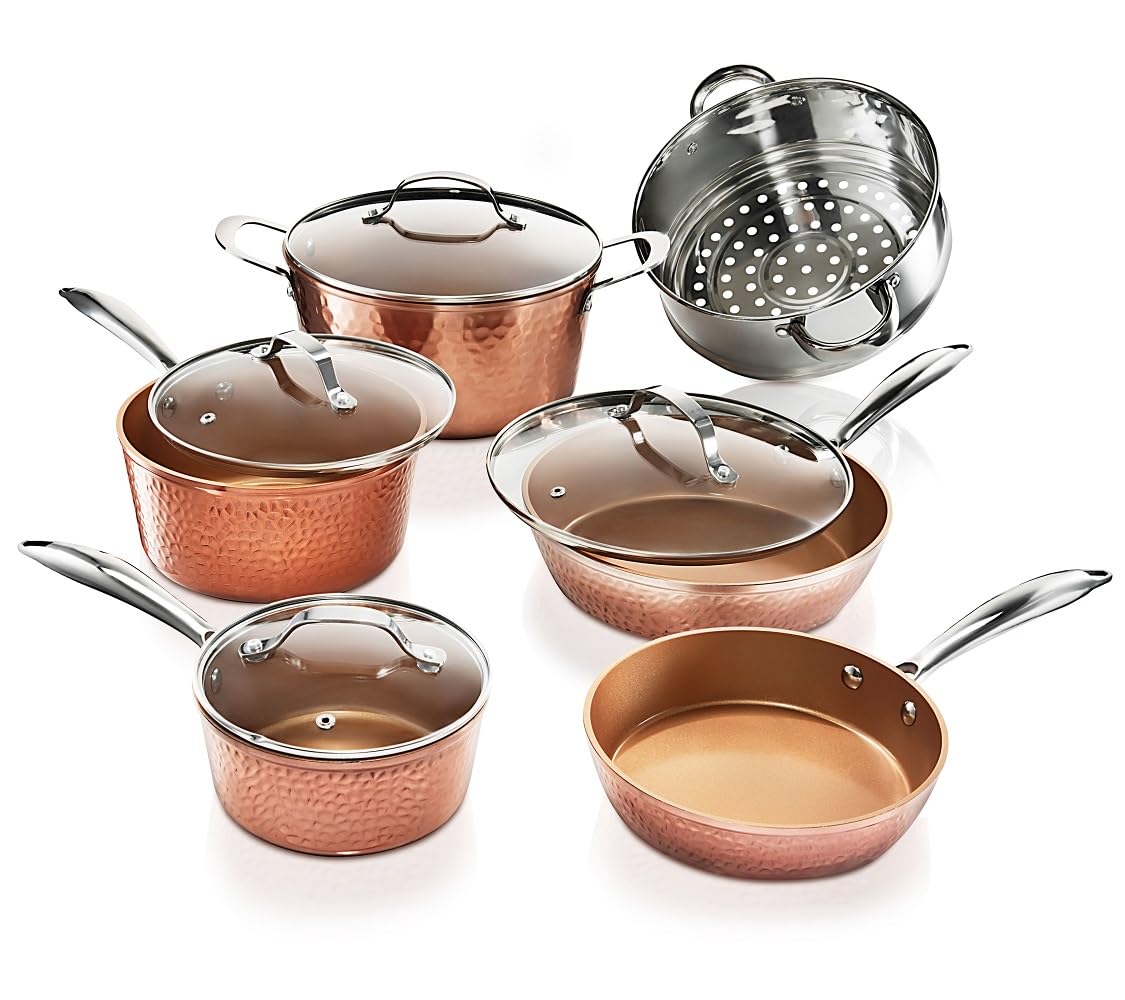 GOTHAM STEEL Hammered 15pc set, front view, ready for weeknight meals.