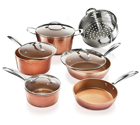 GOTHAM STEEL Hammered 15pc set, front view, ready for weeknight meals.