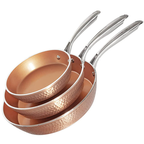 Gotham Steel Hammered 8-inch frying pan top view showcases durable nonstick coating for easy cooking.