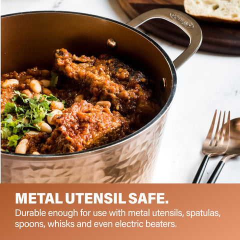 Gotham Steel Hammered pots shown in dishwasher-safe setup for easy cleanup.