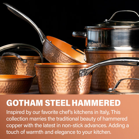 Gotham Steel Hammered pan with lid close-up, showcasing durable nonstick surface.