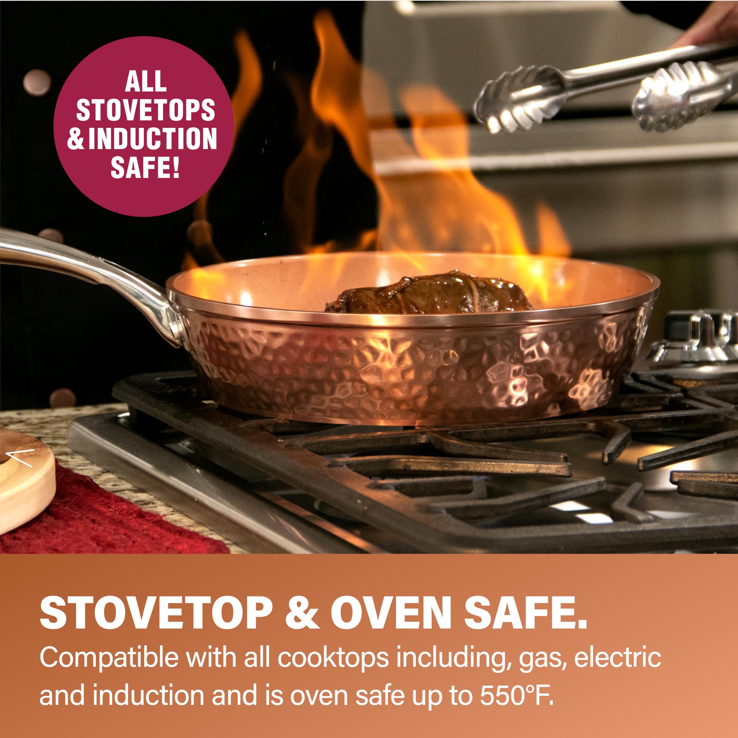 Gotham Steel Hammered utensils set beside pans for a complete kit.