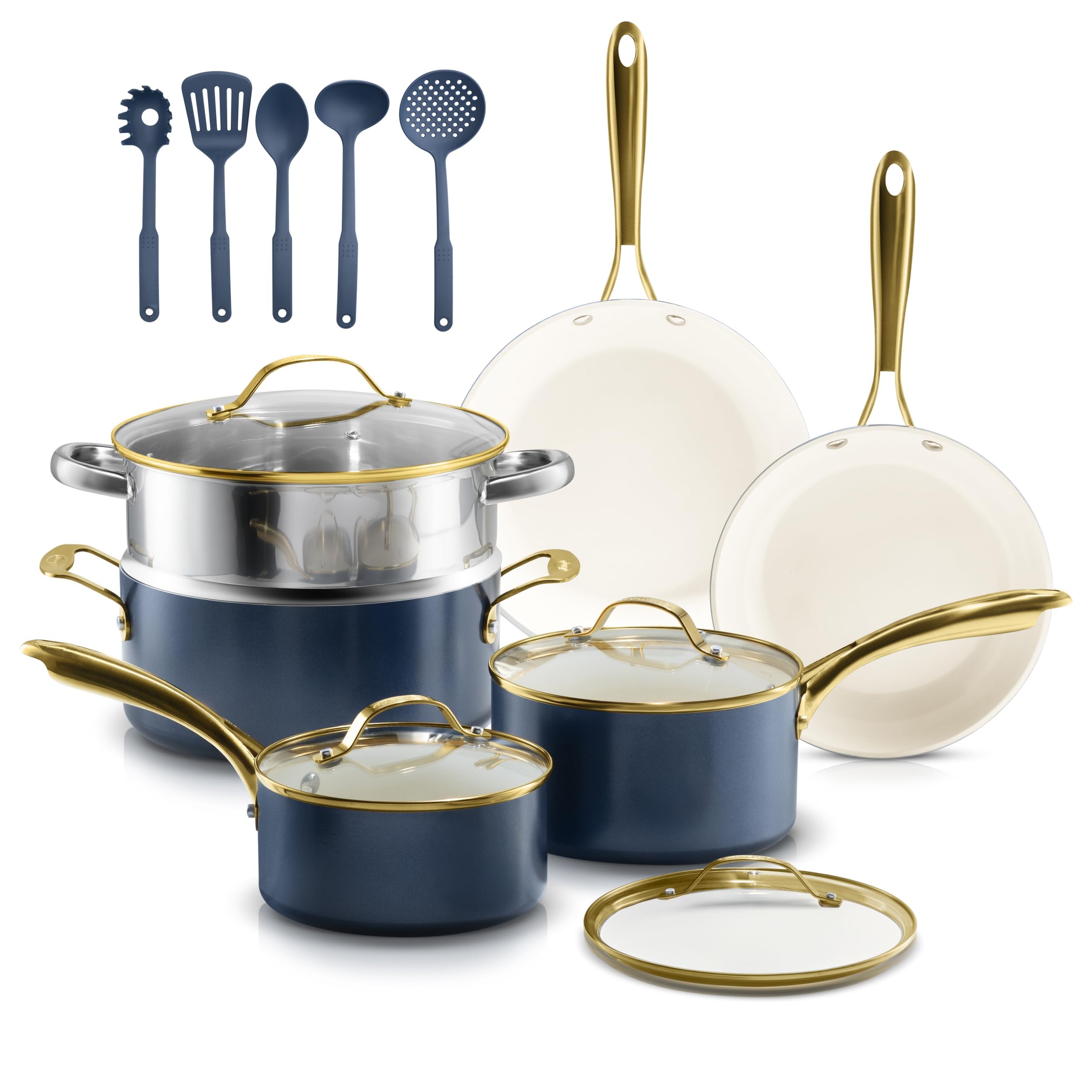 Gotham Steel natural collection cream cookware set with stay-cool handles for smooth stovetop to oven transitions