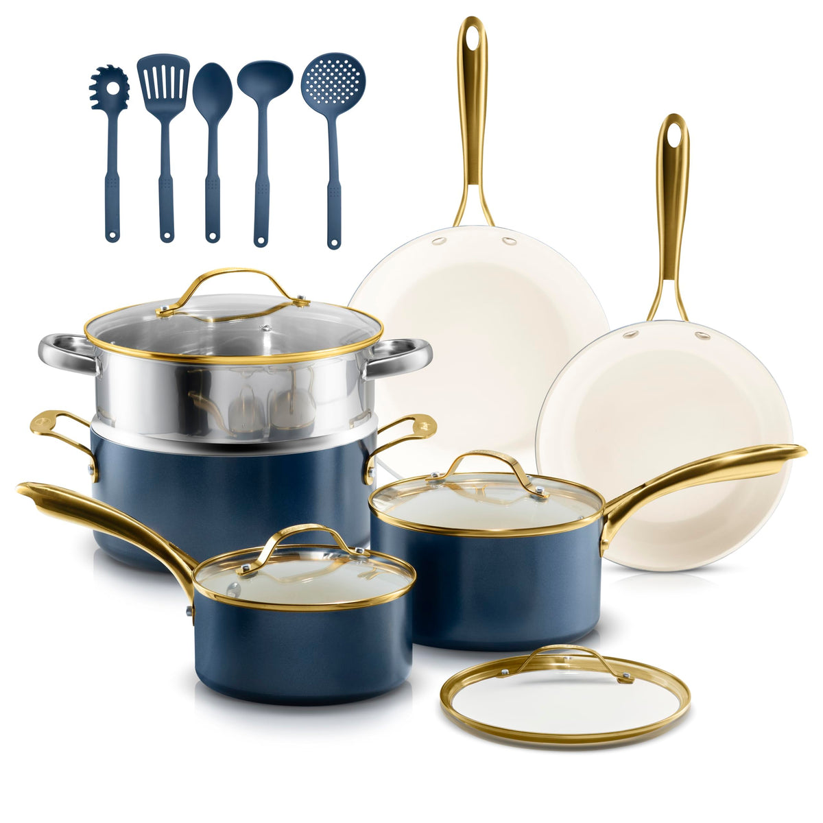 Gotham Steel natural collection cream cookware set with stay-cool handles for smooth stovetop to oven transitions