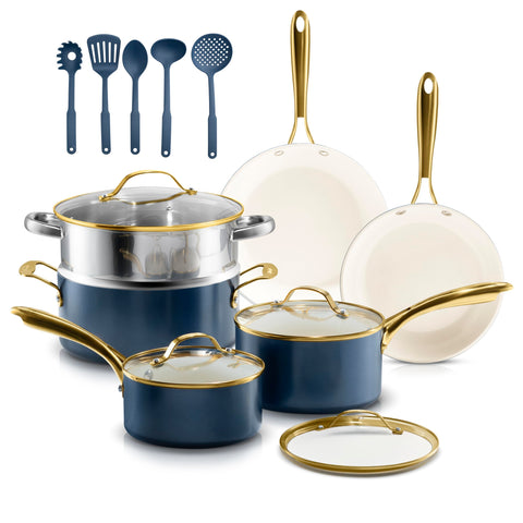 Gotham Steel natural collection cream cookware set with stay-cool handles for smooth stovetop to oven transitions