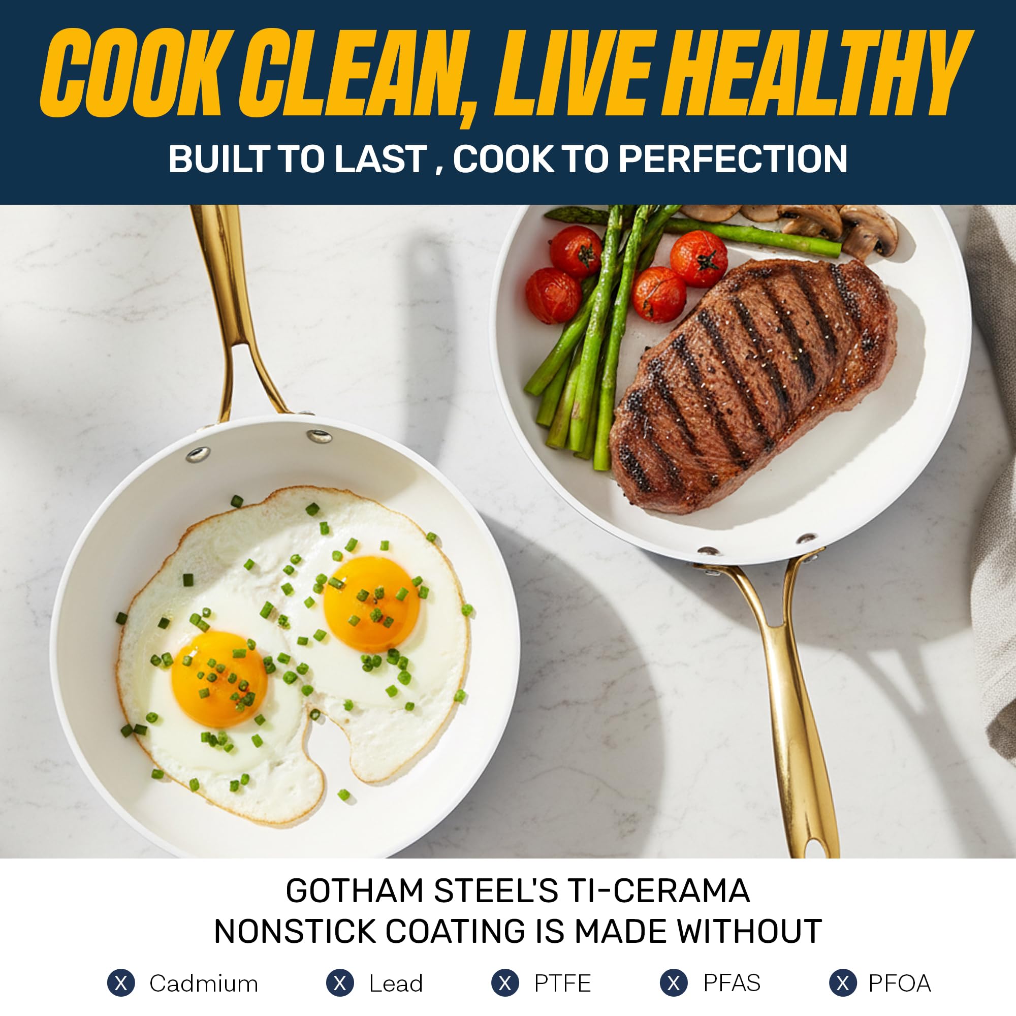 Gotham Steel non-toxic coating shown on cookware with safe materials