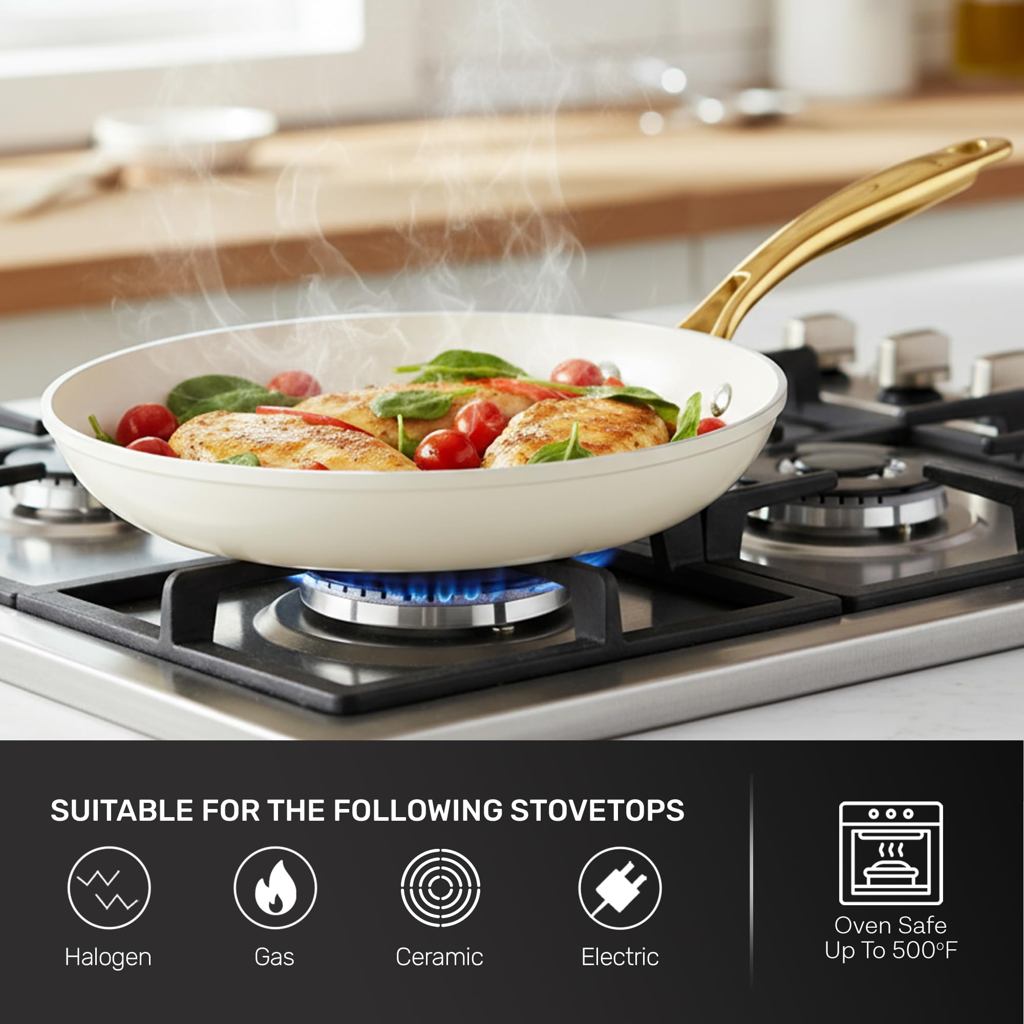 Gotham Steel nylon utensil set protects coatings while cooking.