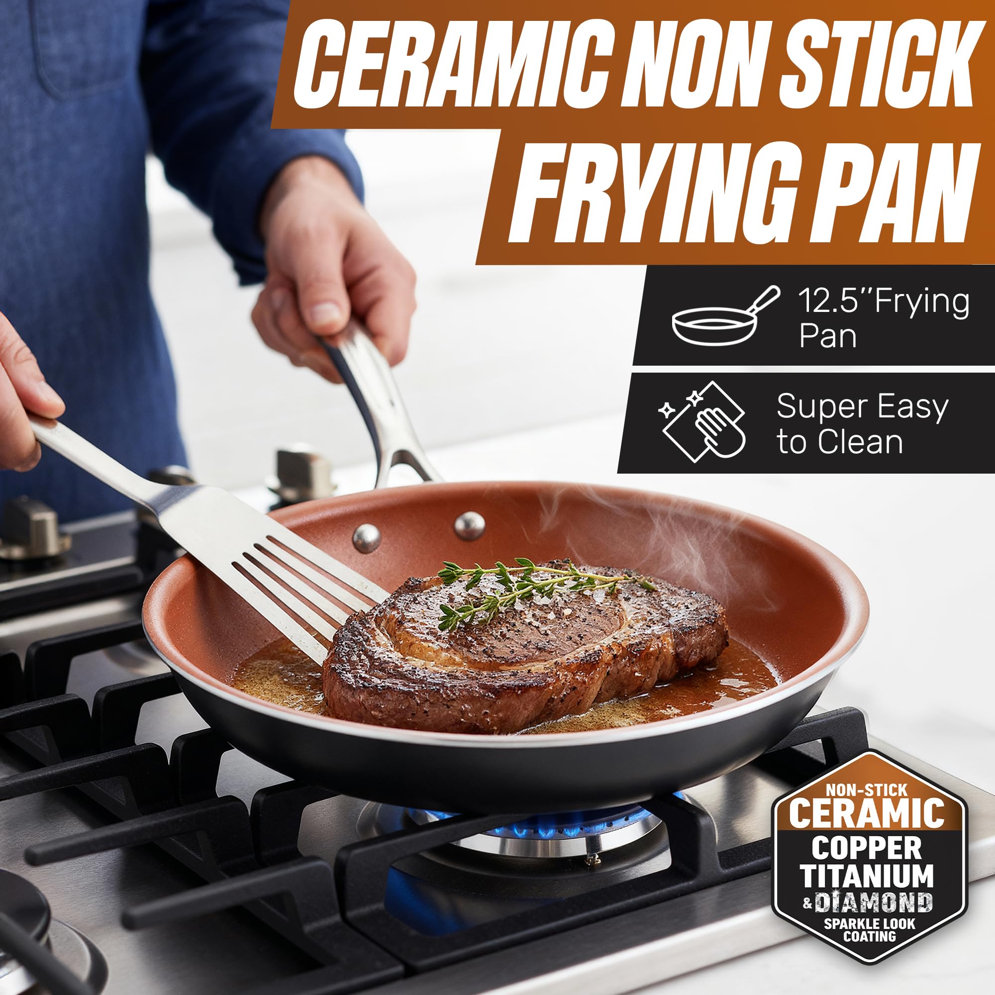 Gotham Steel pan close-up shows diamond-infused coating for lasting durability.