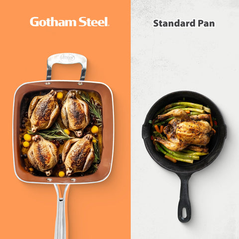 Gotham Steel pan set in a kitchen ready for steaming and sautéing.