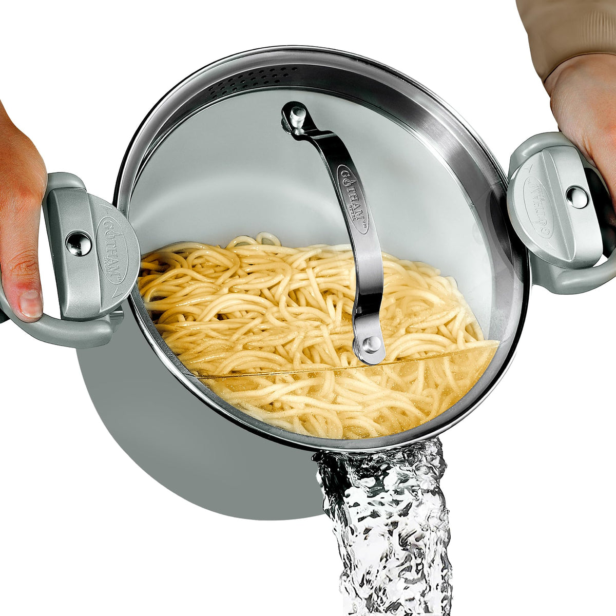 Gotham Steel pasta pot with strainer lid for easy drain and cleanup.