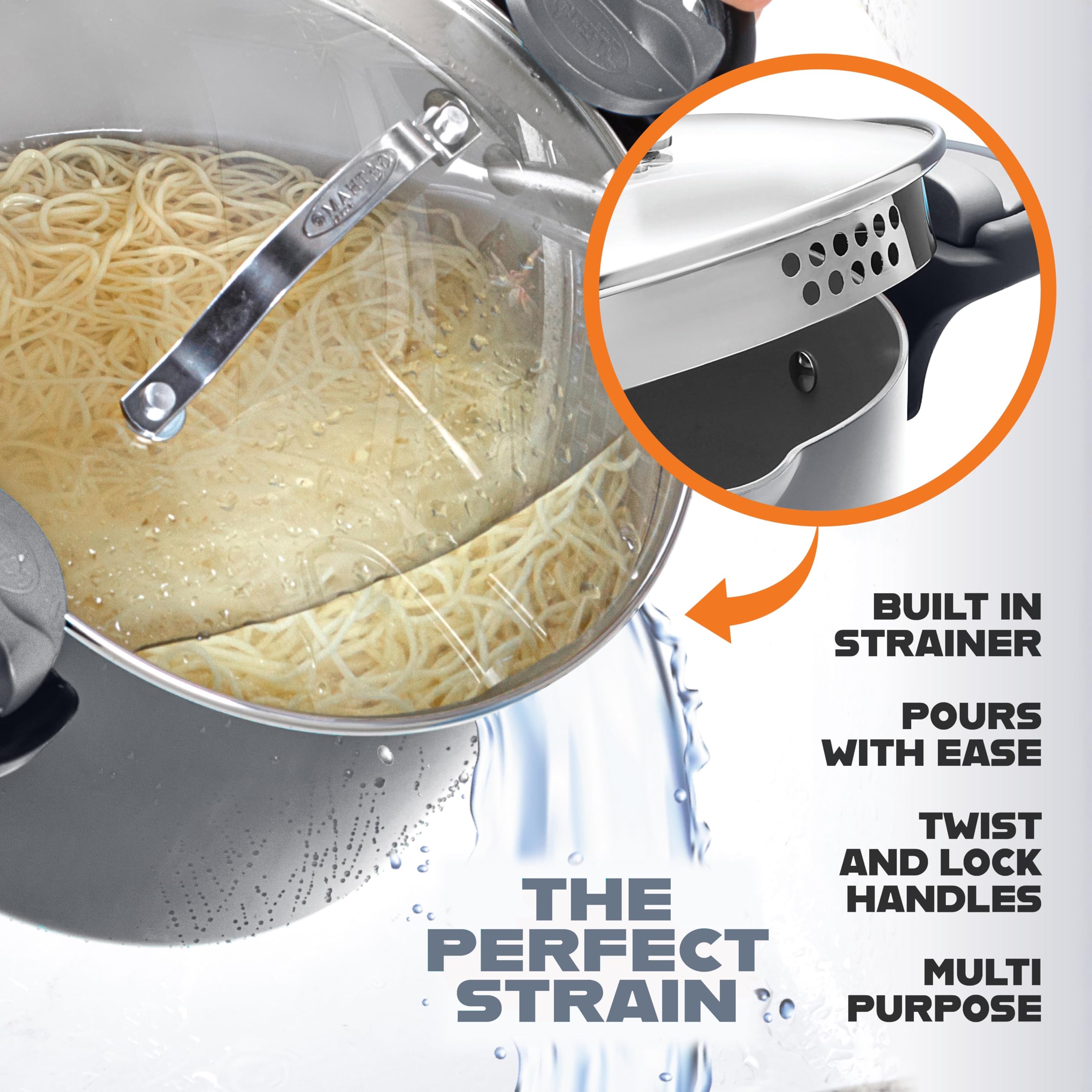 Gotham Steel pasta pot twist and lock handles for secure pouring.