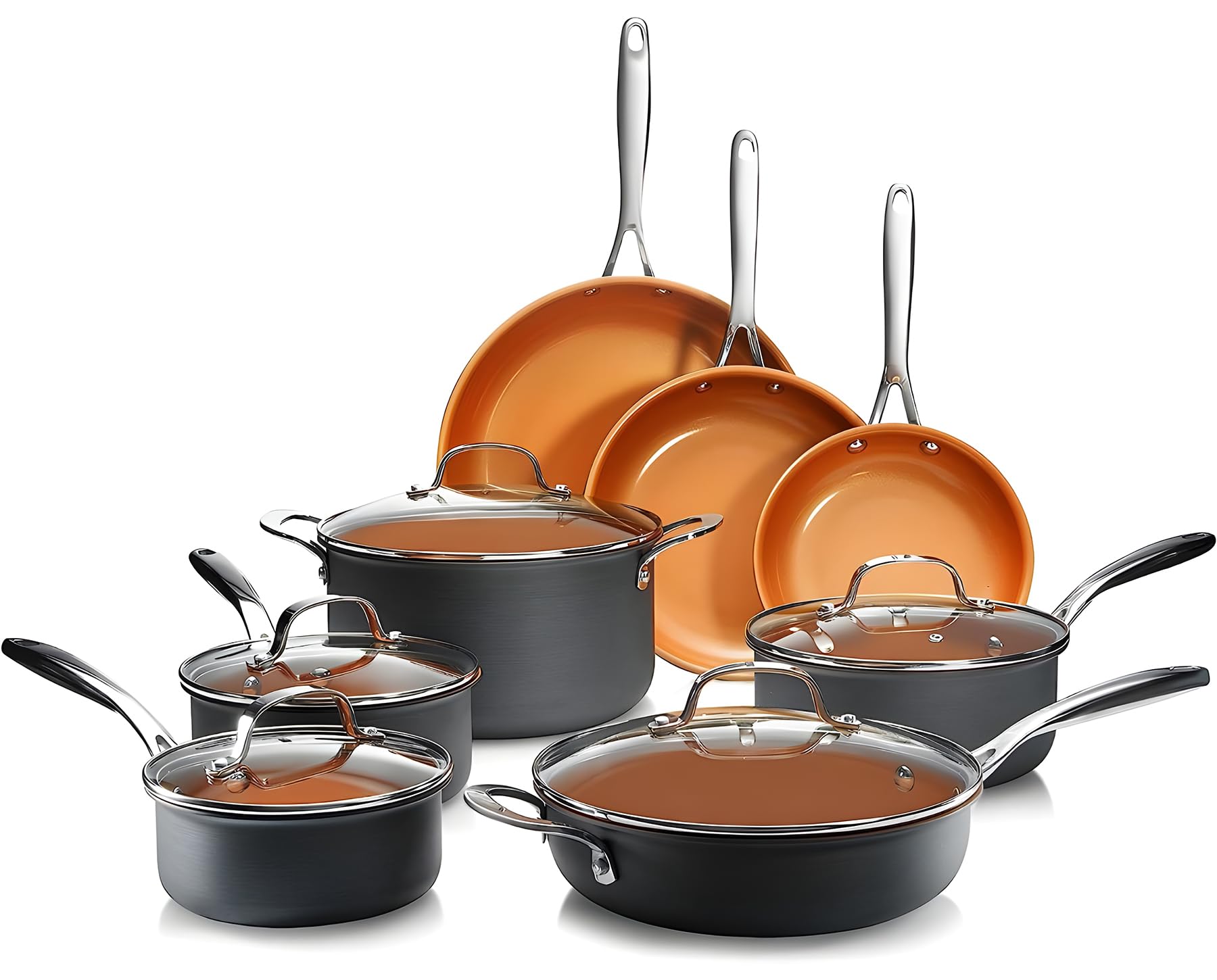 Gotham Steel Pro 13pc set on counter for versatile everyday cooking.