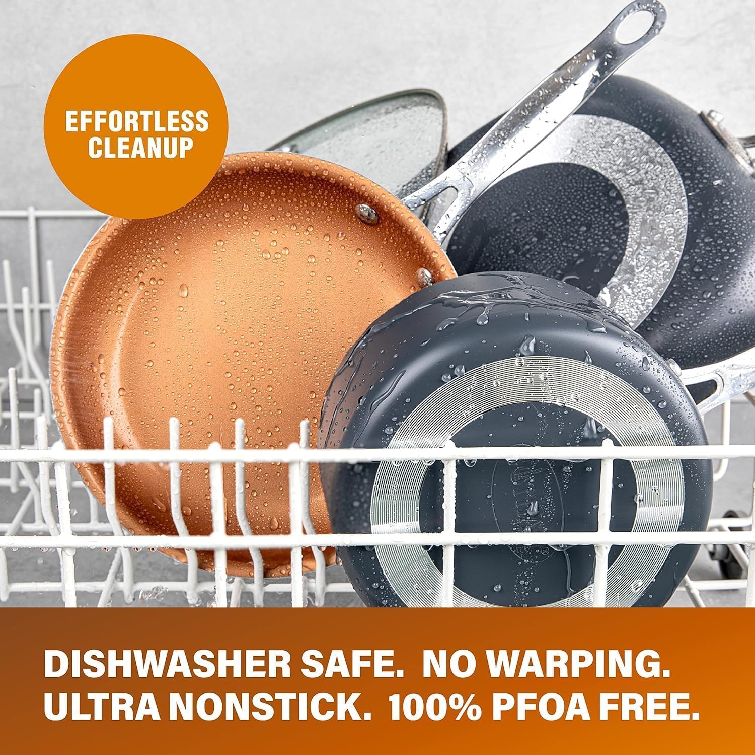 Gotham Steel Pro cookware ready for dishwasher and oven use.