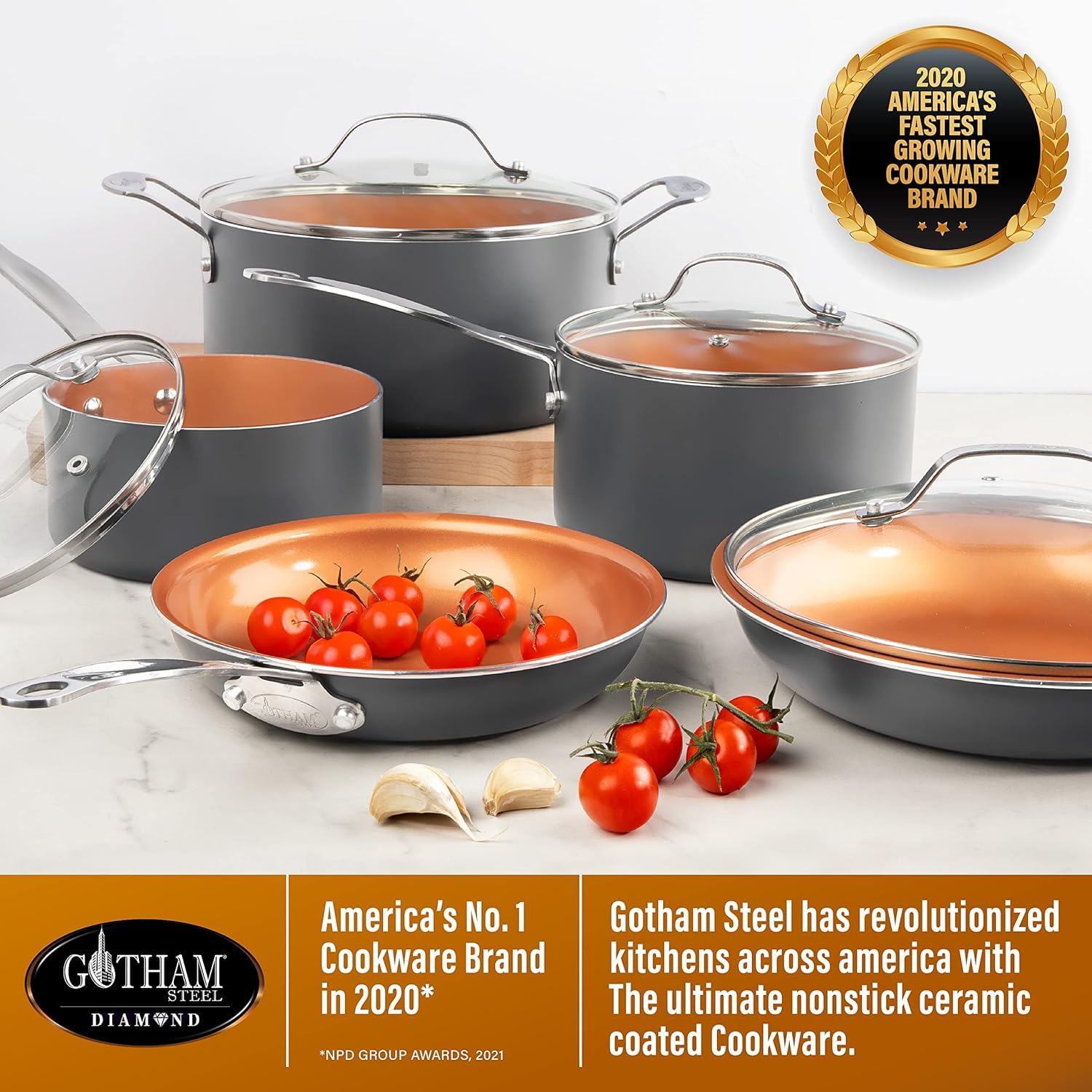 Gotham Steel Pro nonstick ceramic-titanium surface offers easy food release.