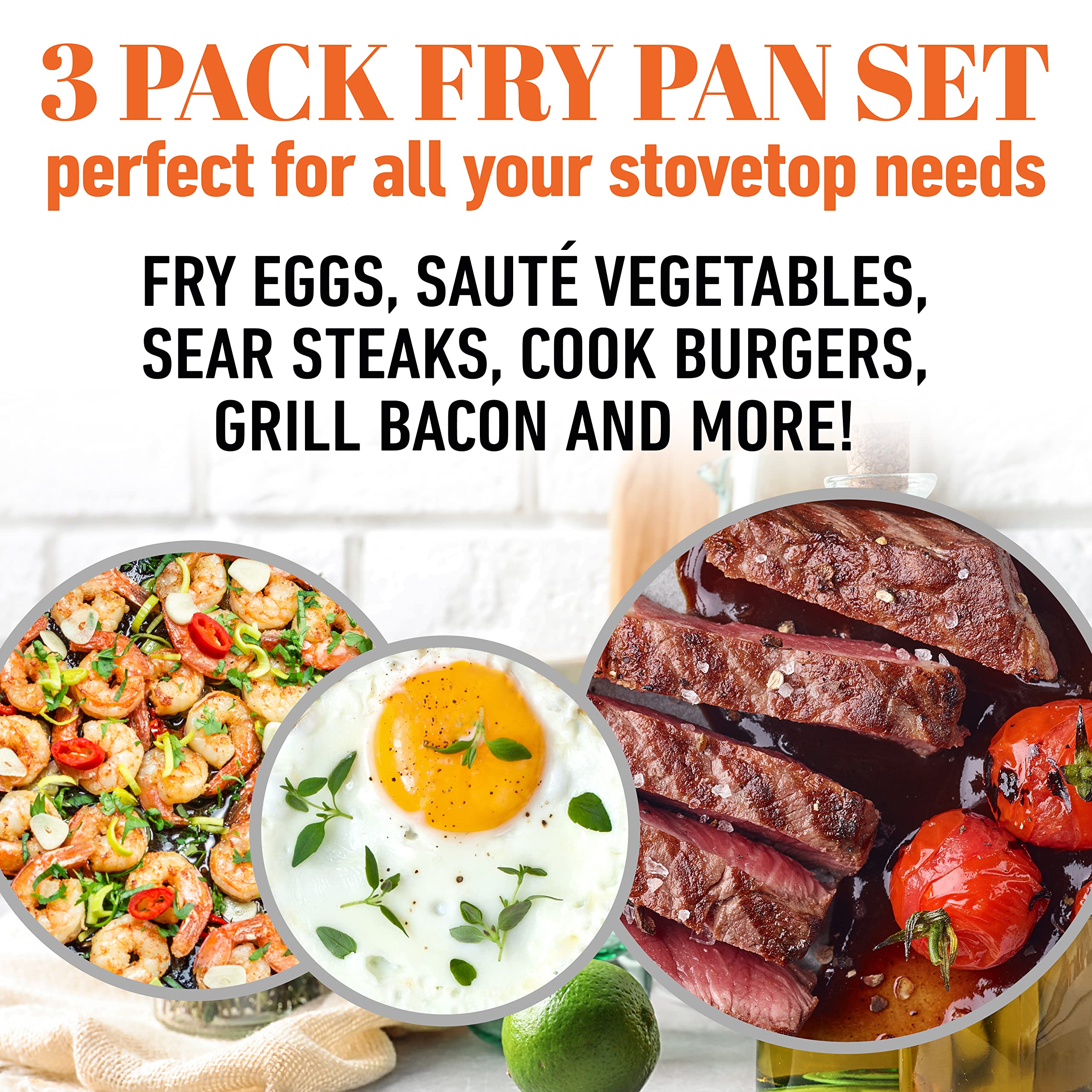 Gotham Steel Pro pans shown with oven and dishwasher safe features.
