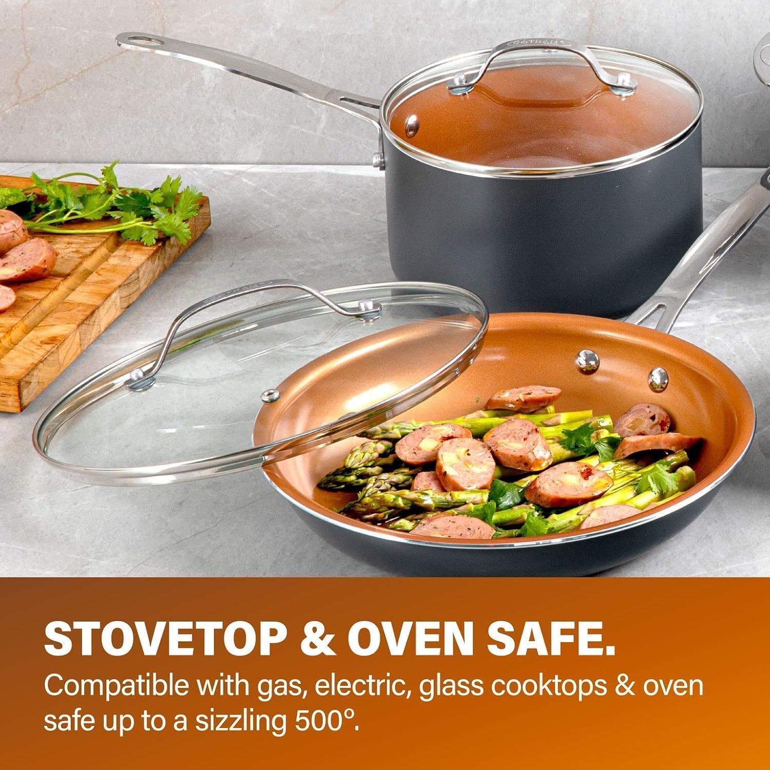 Gotham Steel Pro stay-cool handles for safe flipping and easy transfer.