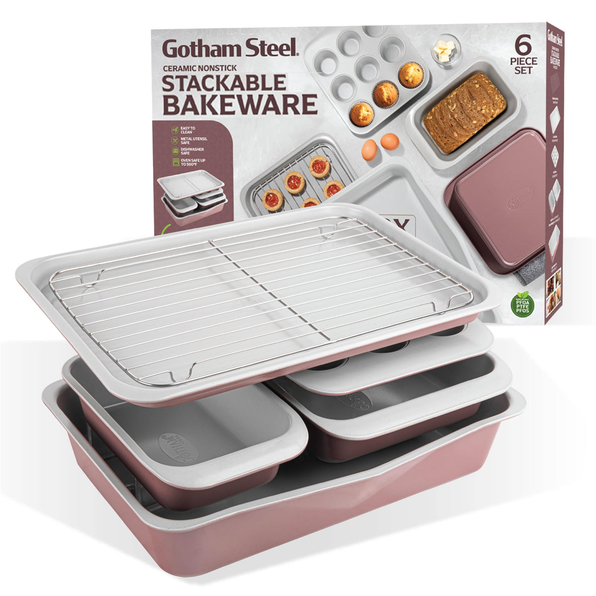 Gotham Steel stackable baking pans set in a compact design for space-saving storage.