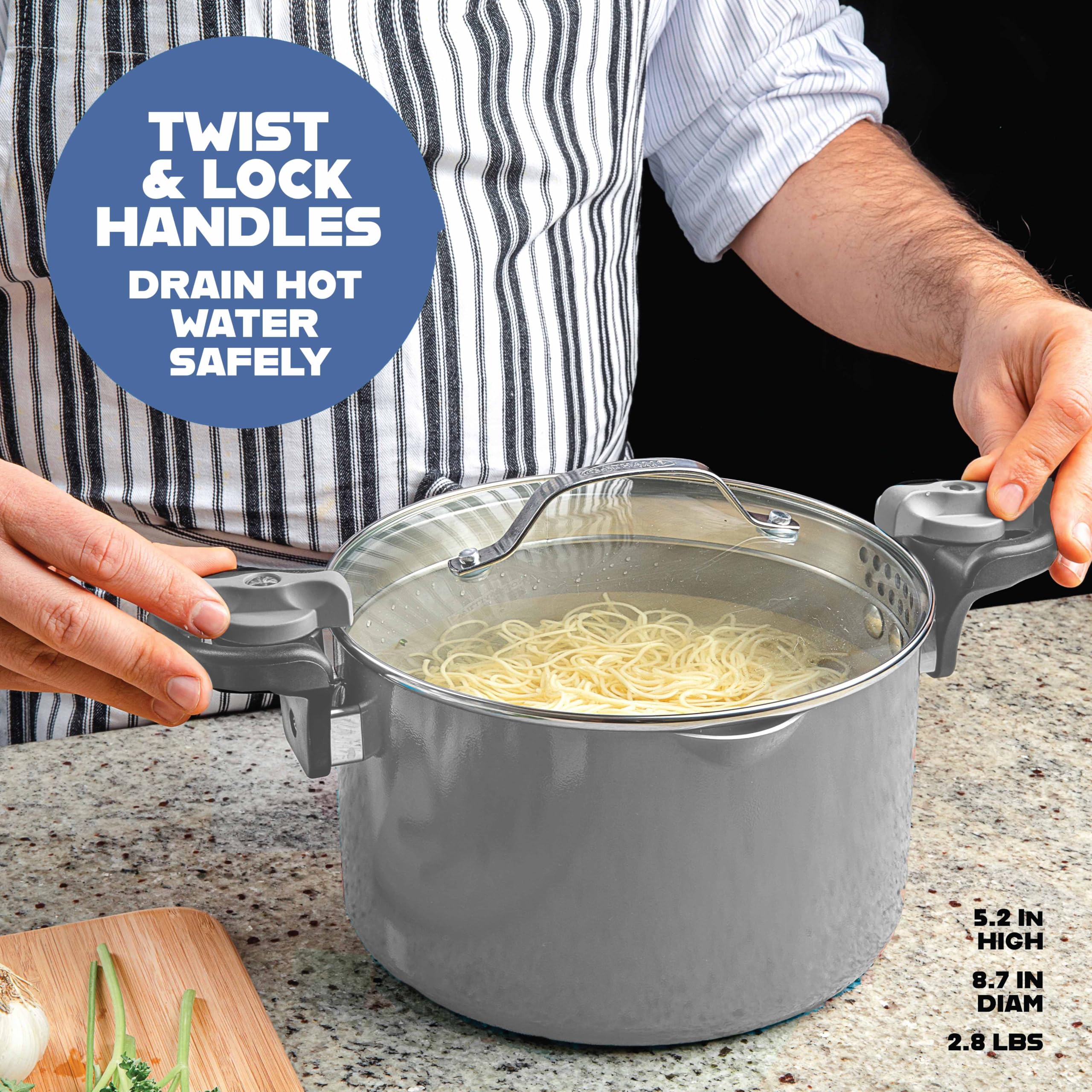 Gotham Steel stock pot shown as dishwasher-safe for quick cleanup.