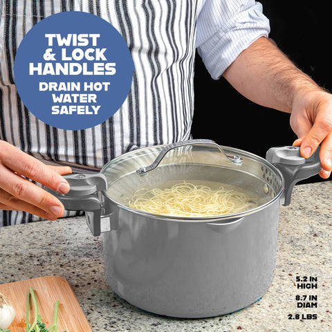 Gotham Steel stock pot shown as dishwasher-safe for quick cleanup.
